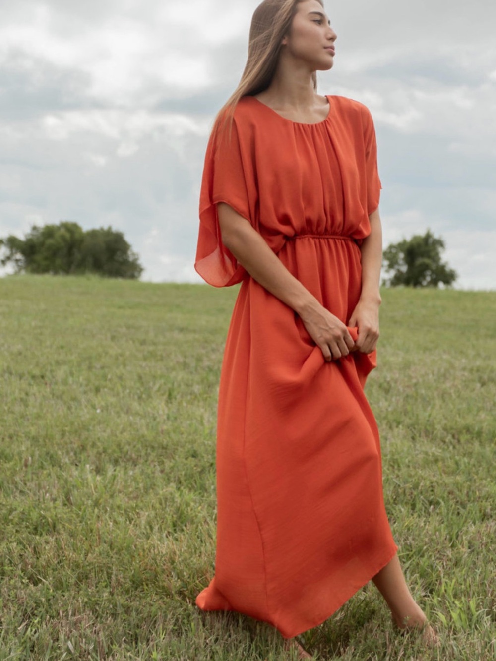 Just Female Margit Burnt Orange Maxi Dress with Cinched Waist M